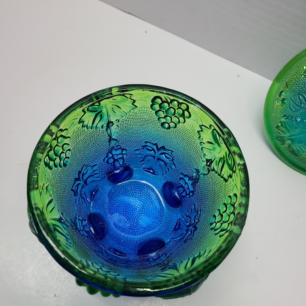 Vintage Jeanette blue/green footed grape leaf glass candy dish w/ lid Capote - Picture 7 of 16